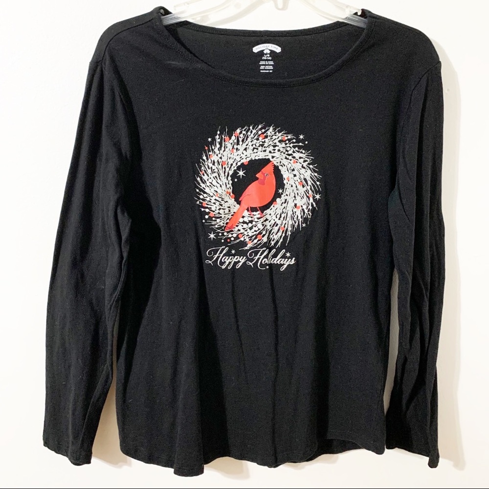Holiday Time Long Sleeve Crewneck Pullover Graphic Tee Cardinal Wreath Graphic